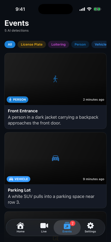 Sentinel iOS AI event feed with scene descriptions