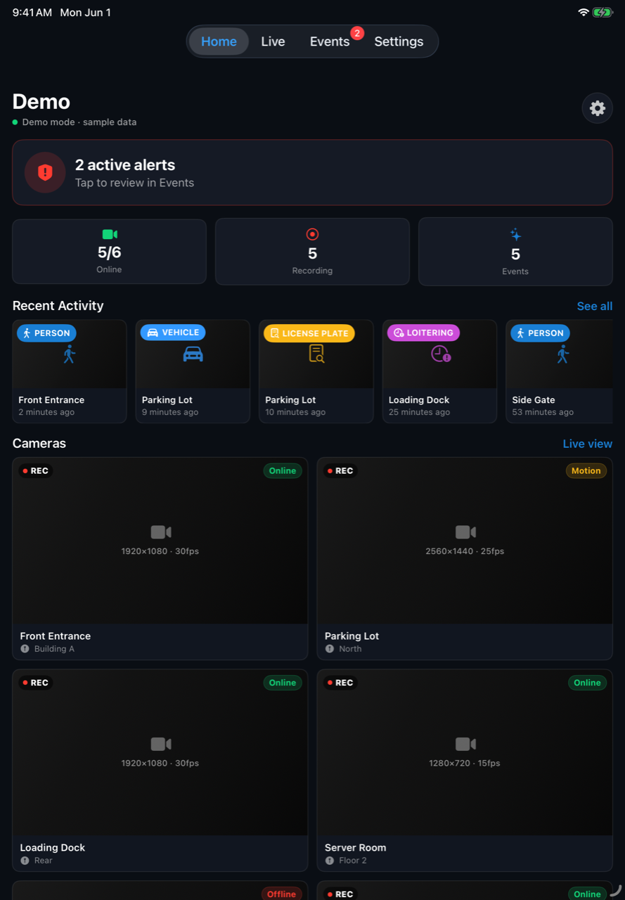 Sentinel on iPad showing the home dashboard with cameras and recent AI activity
