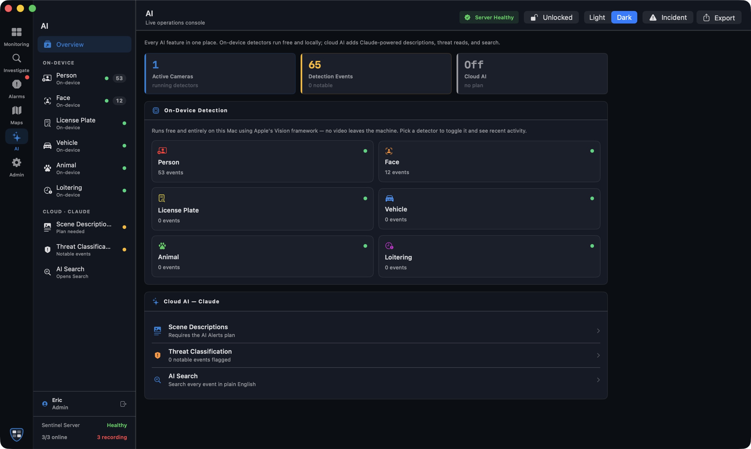 Sentinel VMS AI Center on macOS — every on-device detector with live status and today's event counts, plus optional Claude cloud AI